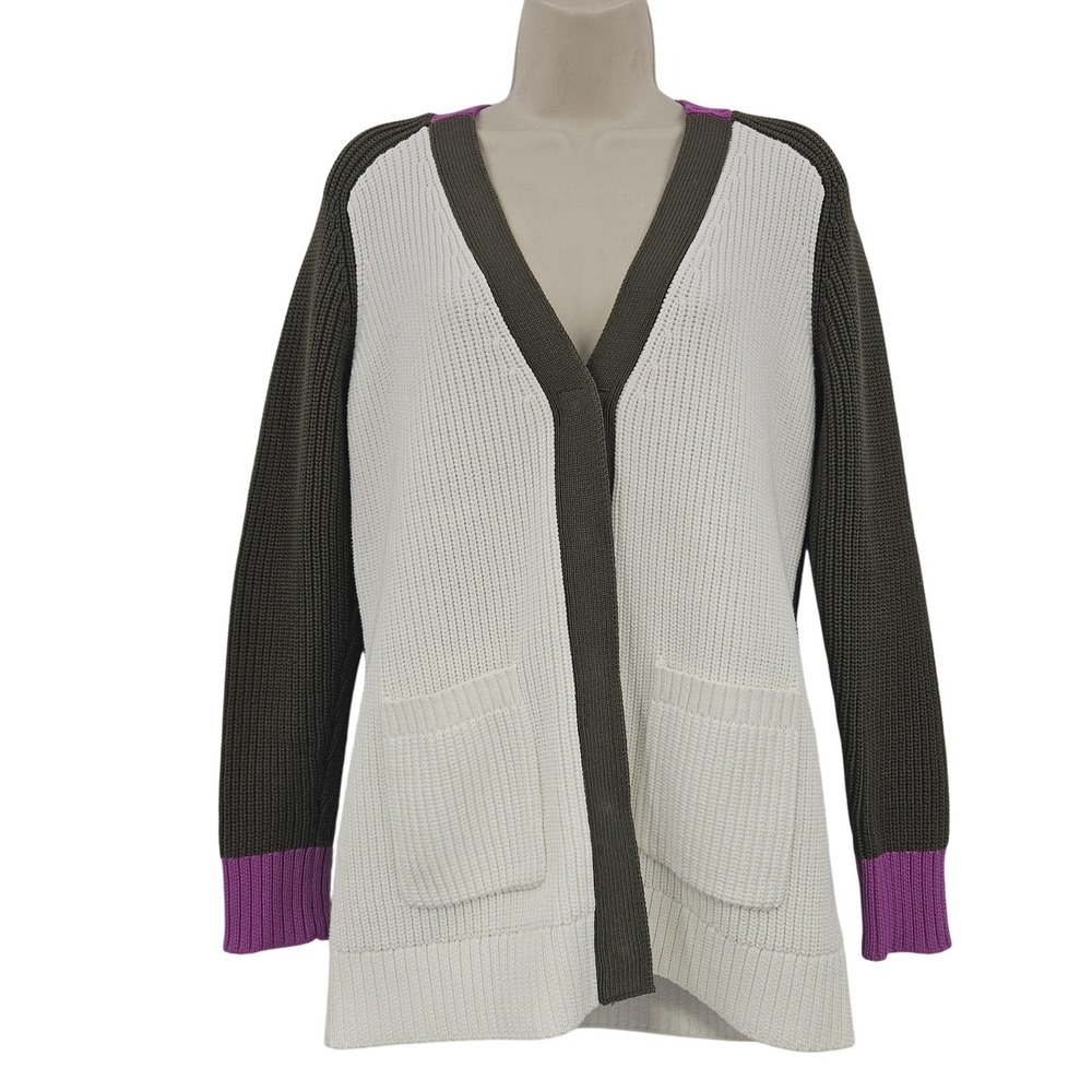 Talbots Cardigan Sweater Women XS Green Purple Colorblock Knit Pockets Cozycore